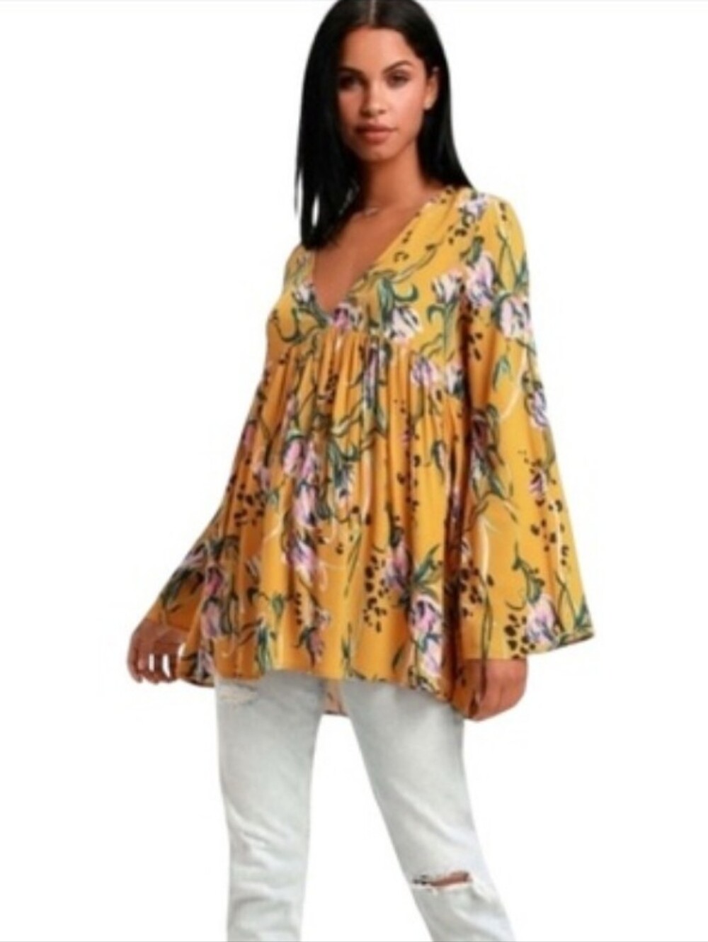 Free People Bella Golden Yellow Floral Print Tunic M - Picture 3 of 15